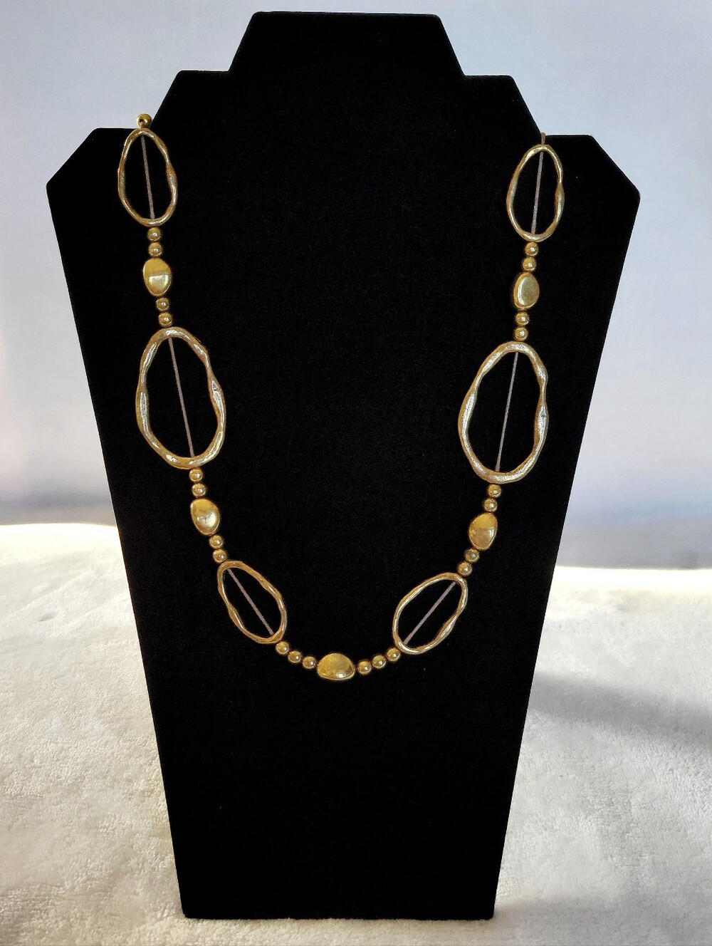 ​Antiqued Gold Tone Hammered Abstract Oval Link Statement Necklace & Beaded Cord